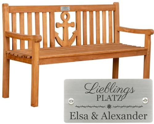 Sterngraf Bank mit Gravur zB Schild Lieblingsplatz (Namens-Gravur), Gartenbank Anker 150cm Teakholz 3-Sitzer Bank, Edelstahlschild personalisiert Geschenk-Idee Jubiläum Geburtstag Hochzeit