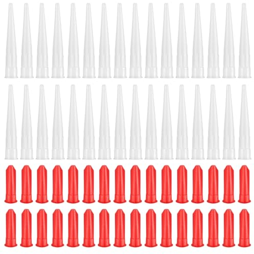 32 Set Silicone Ugelli Calafataggio, Punte per Cartucce Silicone, Beccucci per Cartuccia, Ugelli per Calafataggio, Ugelli Sigillante Silicone con Tappi Rossi, Punte Silicone per Pistola Silicone