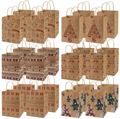 24 Stück Weihnachtsgeschenktüten mit Griffen, Mittelgroße Weihnachtstüten für Geschenke, wiederverwendbare Kraftpapiertüten zum Verpacken, Partybedarf
