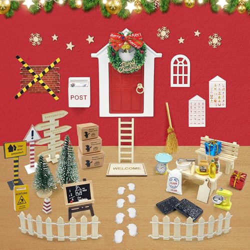 LYLIDIA 60 Stück Wichtel Zubehör Weihnachten Wichteltür Set Wichtel Baustelle Komplettset Niedlich Wichtelhaus Bastelset Holz Miniatur Wichtel Haus Feentür Weihnachtsdekoration Geschenk