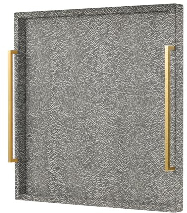 20x20 Grey Shagreen Leather Extra Large Decorative Tray for Living Room Extra Large Square Ottoman Tray for Coffee Table (Grey-Gold Handle, 20)
