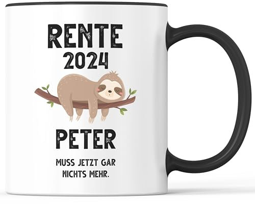 Kaffeebecher mit Spruch Rente 2024 mit Name Rentner Rentnerin Namen - lustiges Geschenk - Kaffeetasse als Geschenkidee - Becher bzw. Tasse 330ml - Weiss-Schwarz