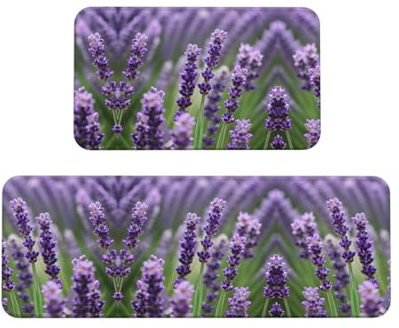 GaxfjRu Küchenläufer mit violettem Lavendel-Blumenmuster, Küchenteppich, rutschfest, waschbar, geeignet für Waschbecken und Waschküche