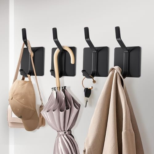Brencco Ganchos Adhesivos para Pared Negro, 4 Piezas Colgadores Adhesivos Resistentes Acero Inoxidable, Gancho Adhesivo para Baño Cocina Puerta Ropa Llaves, Sin Taladro