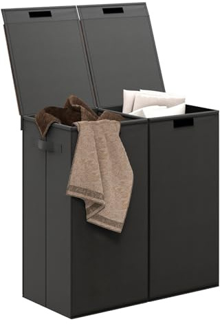 GIANTEX Schmutziger Wäschekorb, 105 l, mit Deckel, 2 abnehmbaren Fächern, Griffen, Tablett aus MDF, Vlies, für Waschküche, Badezimmer, Schwarz