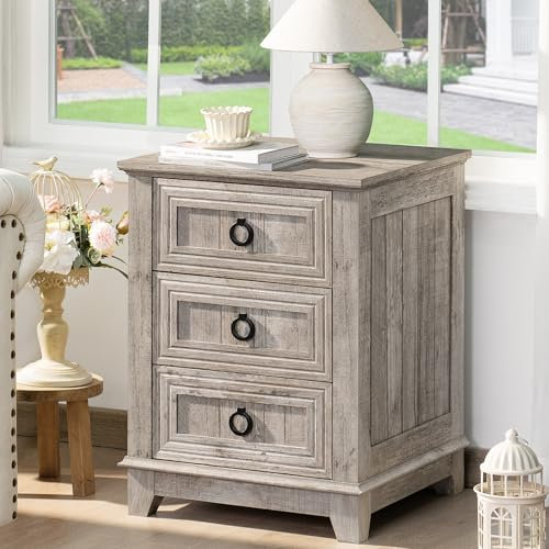 46 cm Nachttisch im Landhausstil mit 3 Schubladen, Beistelltisch Kommode für Schlafzimmer, Eichenholz Nachttische, Holz Bett Beistelltisch mit Metallgriff, Nachtschränkchen für Wohnzimmer Schlafzimmer
