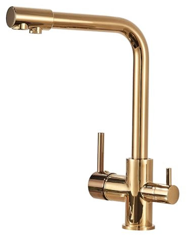 Grifo de cocina de 3 vías con rotación de 360°, mezclador con batidora de un solo paso, función 3 en 1 para filtro de agua, grifo de alta presión, acero inoxidable cepillado con 3 mangueras doradas