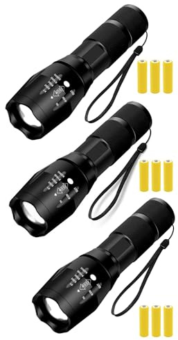 LED Torch Battery Powered, Super Bright Hand Flashlight, Adjustable Focus, Water Resistant, Lightweight Small Mini Pocket Zoom Lamp, Camping, Dog Walking, Strobe SOS Safety Function (3 x Torches)