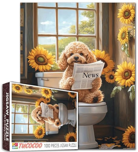 Tucocoo Lustiges Hunde-Badezimmer-Puzzle für Erwachsene, 1000-teiliges Puzzle, niedlicher Pudel, der Zeitung auf der Toilette mit Sonnenblumen-Puzzles herausfordernde Puzzles für Erwachsene