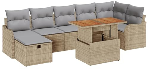 vidaXL 8-teiliges Garten-Sofa-Set mit Kissen für draußen, modulares Ecksofa in beigem Poly-Rattan mit hellgrauen Kissen und Stauraum, rechteckige, Moderne Sitzgruppe für Terrasse und Patio