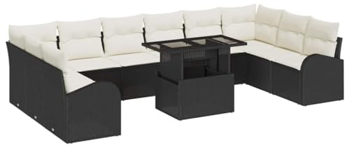 vidaXL Garten-Sofa-Set mit Speicher 11 pcs Schwarz Poly Rattan, Garten und Terrasse, modernes modulares Sofa-Set, verstellbare Füße, Poly-Rattan Lounge, Outdoor-Sitzgelegenheiten
