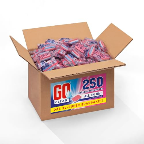 GO clean! Spülmaschinentabs All in One - 5 kg ca. 250 Stück 20g, XL-Sparpaket in Aufreißfolie mit starker Reinigungskraft gegen Schmutz und Fett