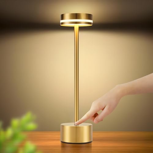 meoaow Tischlampe Akku LED Tischleuchte Kabellos - Nachttischlampe Dimmbare mit USB-C Aufladbar Batterie Touch Lampe Gold Tischlampen für Schlafzimmer Esszimmer Büro