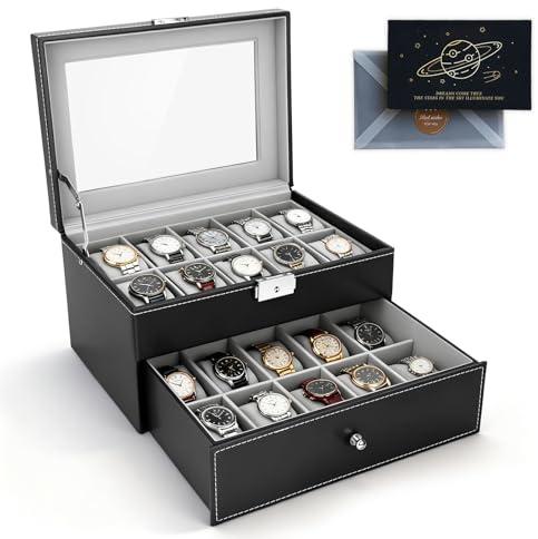 ZUSUZU Uhrenbox,Uhrenkasten mit Glasdecke,2 Ebenen,Uhrenkoffer mit herausnehmbaren Uhrenkissen, Uhrenschatulle, Geschenkidee, PU-Bezug in Schwarz,Geschenk für Freund,Vatertag