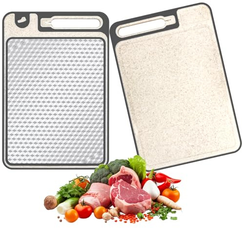 2 en 1 Tabla de Cortar de Doble Cara 37 x 25 cm, Multifunción Tabla Cortar Acero Inoxidable 304 Antideslizante con Recogedor de Zumos y Afilador de Cuchillos Integrado para Carnes, Verduras y Frutas