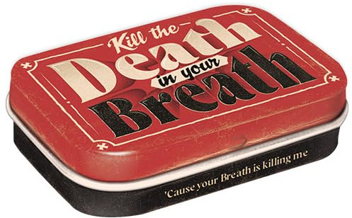 Nostalgic-Art Retro Pillendose, 4 x 6 x 1,6 cm, Death in your Breath – Geschenk-Idee mit Spruch, mit Pfefferminz-Dragees, Vintage Design