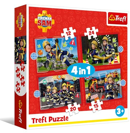 Trefl – Feuerwehrmann Sam, Die Abenteuer von Feuerwehrmann Sam – 4-in-1-Puzzle, 4 Puzzles, 12 bis 24 Teile – Verschiedene Schwierigkeitsgrade, für Kinder ab 3 Jahren