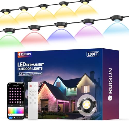 RUISUN Permanente Außenbeleuchtung 30M RGBICW 2700K-6500K Smart APP Fernbedienung Individuelle Steuerung pro LED Timer Dimmbar Alexa Google Home Kompatibel IP67 Wasserdicht 100FT Schwarz