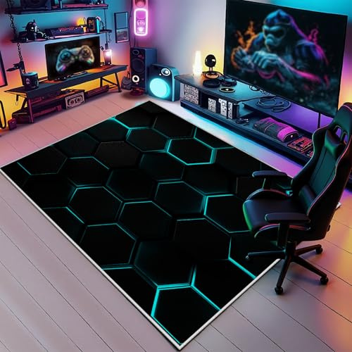 YGcegcia Honeycomb Neon Cool Gaming Teppich 140x200cm Waschbare rutschfest | Teppich Teppiche Kurzflor Schmutzfangmatte Modern Teenager Geometrisch für E-Sport Zimmer Schlafzimmer Wohnzimmer