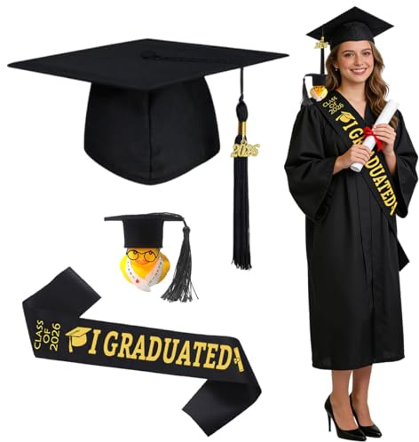 GTJEOI Bachelor Hut, Doktorhut Verstellbar, 2026 Graduation Hat, Quaste Datumsanhänger 2026 mit Schärpe & Akademiker Gummiente, Bachelor Abschluss Hut Unisex, Abschluss Geschenk für Abschlussfeier