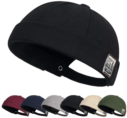Tiakay Mens Cotton Brimless Docker Cap Skullcap Adjustable Skull-Cap Sailor Hats Rolled Cuff Retro Beanie Hat (Black)