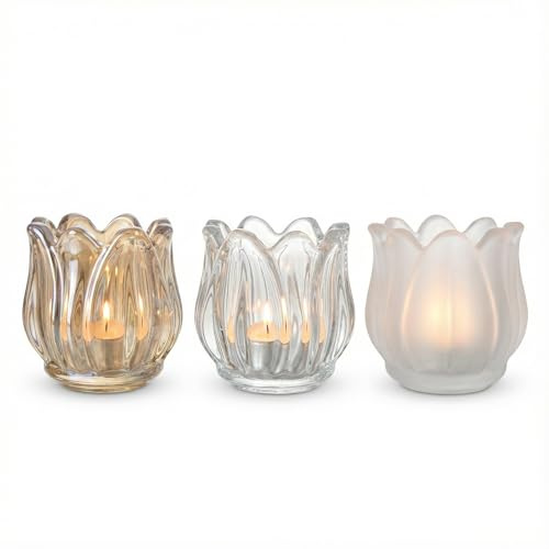 Olrla Tulip-shaped Glass Tealight Holders Set of 3 (6.5 x 6.5 cm) | amber, clear & frosted tulip-shaped candle holders, builds a pleasant atmosphere, table centrepiece