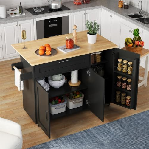 Küchenwagen mit Klappplatte in Eichenoptik, schwarz – Mobiler Küchenschrank 132x70(44)x90 cm auf 5 Rollen mit Feststellbremsen, inkl. Gewürzregal & Handtuchhalter, für Mikrowelle/Kaffeemaschine
