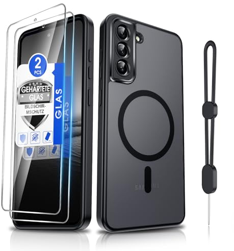 Dizn Magnetisch Hülle für Samsung Galaxy S21 FE 5G: [Nicht für 𝗦𝟮𝟏/S21+], für MagSafe, 2 Panzerglas Folie, Kameraschutz,Band,Matt Translucent,Militärstandard Schutz,Magnet HandyHülle S21FE,Schwarz