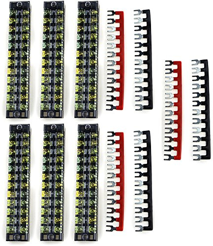 XINGYHENG 12pcs ( 6 Set ) 600V 25A 12 Positions Double Row Screw Terminal Strip and 400V 25A 12 Positions Red / Black Pre-Insulated Terminal Barrier Strip