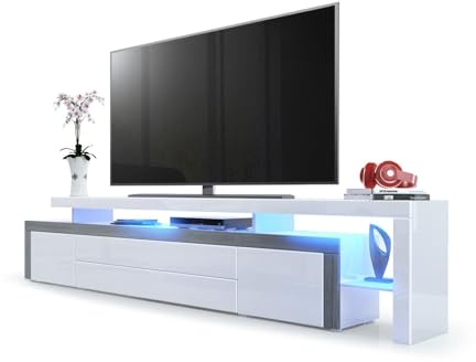Vladon TV Board Lowboard Leon V3, Made in Germany, Korpus und Überbau in Weiß Hochglanz/Front in Weiß Hochglanz mit Rahmen in Avola-Anthrazit inkl. LED Beleuchtung (227 x 52 x 35 cm)