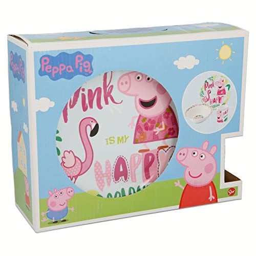 Stor - 3-teiliges Keramik-Set (Bowl, Dessertteller, Tasse) mit Peppa Wutz und rosa Flamingo