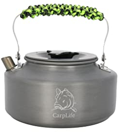 Lightweight Aluminium Camping and Fishing Kettle - CarpLife Products - Fishing Kettle - Camo Paracord Handle 1.1L Capacity - Hand Finished (Neon & Black Handle)