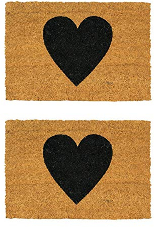 Nicola Spring Coir Door Mat - 60 x 40cm - Black Heart - Pack of 2 - Decorative Indoor Front Door Floor Mat Entry Dirt Trapper Rug Outdoor Boot Scraper Non Slip Backing Doormat