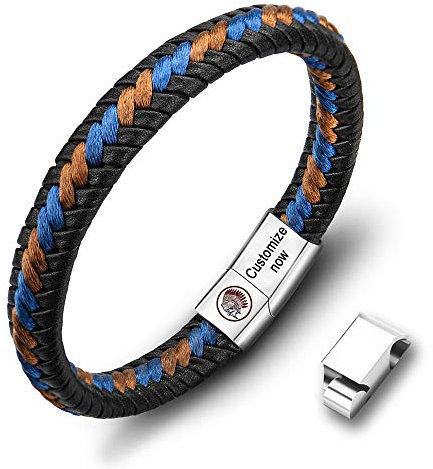 Casisto.J Lederarmband Herren Armband Herren Männer Leder Edelstahl Gravur Schwarz Braun Geflochten mit Magnet Verschluss (Blau, 20)