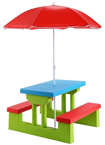 DREAMADE Kindersitzgruppe mit Sonnenschirm, Gartenmöbel für Kinder, Kinder Sitzgarnitur, Kinder Möbel Set Garten, Kinder Sitzbank draußen (Modell 1)