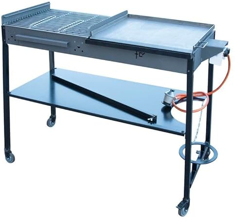 Barbacoa de Gas y Carbón Portátil con Plancha de Acero y Parrilla con Cincado Homologado | Asador Profesional de Doble Altura 1.450x1000x570 MMS | Incluye Paellero, Regulador y Manguera.