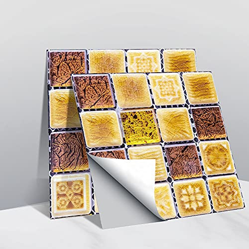 Hiseng Rectangle Adhésive Décorative à Carreaux pour Salle de Bains et Cuisine Stickers Carrelage, Motif de Mosaïque 3D Marbre Imperméables Adhésive Décoration, 10x10cm (Jaune Mosaïque,10Pièces)