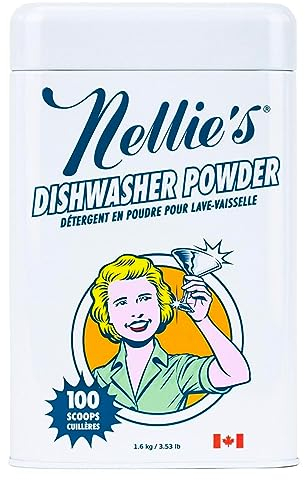 Nellie's Dishwasher Powder - Tough on Food Residue, Plant-Based Ingredients, Spotless Clean, High-Efficiency Dishwashing Solution - 100 Scoop Tin