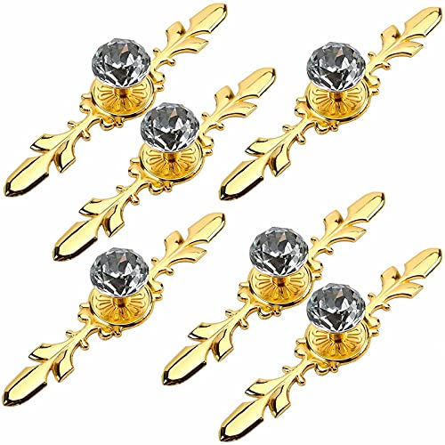 Frolahouse 6 Pcs Drawer Dresser Knobs Pull Handles - Crystal Glass Diamond Decorative Knobs with Gold Plate (Length: 120mm), Cabinet Cupboard Door Knobs with Screws