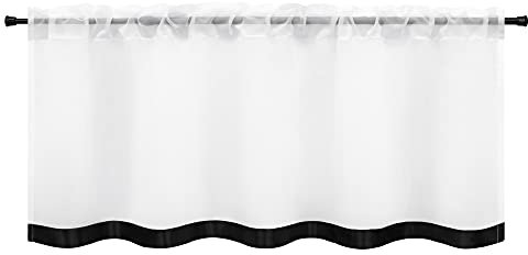 HeichkelL Scheibengardine Voile Bistrogardine mit Satinband Kurzstores Tunnelzug Gardinen Küche Vorhang aufgenähte Satinband als Bordüte Schwarz BxH 120x60 cm