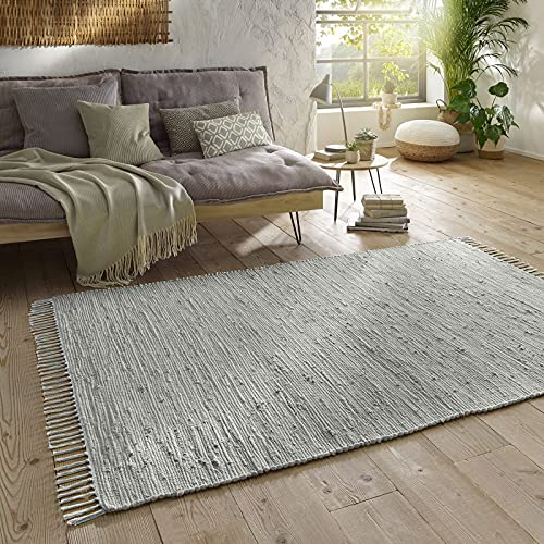 Taracarpet Handwebteppich Läufer Fleckerl Teppich Uni waschbar aus Baumwolle für Wohnzimmer und Küchenteppich 070x140 cm grau