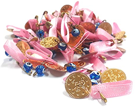 100 Stück, Nazar Boncuk, Blaues Auge, Evil Eye mit emaillierte Metall Münzperlen Tugra, Sicherheitsnadel und Kordel, Böser Blick Glücksbringer zum Verschenken Hochzeit (Rosa)