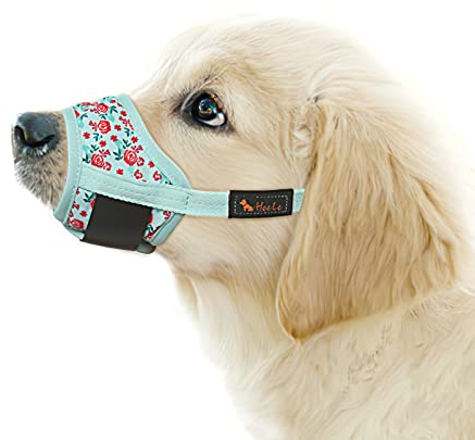 HEELE Hund Maulkorb, Maulkörb für Hunde, Weiche Nylon Drucken Maulkorb Air Mesh Atmungsaktiv Einstellbar Schleife Muster Haustiere Maulkörbe für Kleine Mittlere Große Hunde, Cyan Blume, XS