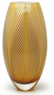 Ca D Oro Murano Style Glass Vase Amber Feather Pattern Hand Blown Art Glass for Flower, Room Decoration and Centerpiece - Model 54 MS