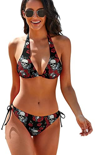 2-teiliges sexy Bikini-Set für Damen, mit sexy Totenkopf-Motiv, Triangel-Badeanzug, Bademode, zwei Seiten, Vintage Totenköpfe rote Rosen und Uhr Vögel auf Schwarz, Medium