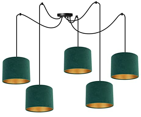 Light-Home Milan Spider Hängelampe - Hängeleuchte in Spinnenform - Deckenlampe – Spinne Lampe mit 5 Kopf - Hängeleuchte aus Metall und Stoff - E27 - Grün und Gold
