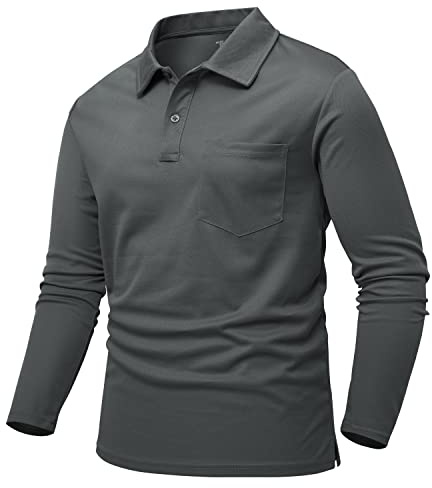 Rdruko Mens Long Sleeve Golf Polo Shirts with Chest Pocket | Button Neck Polos Breathable Quick Dry Smart Casual Tops Outdoor Stretch Fit Work Hiking Camping Tennis T Shirt