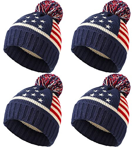 Jeyiour 4 Stück Amerikanische Flagge Beanie mit Pom Pom Winter USA Mütze USA Flagge Knit Cuffed Skull Cap für Damen Herren, Rot, Weiß und Marineblau, Einheitsgröße