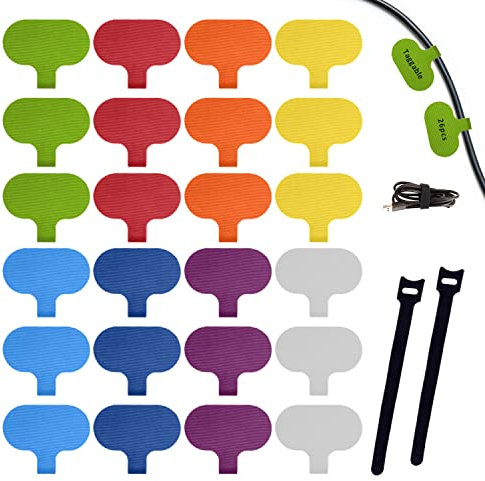 24 Self-Adhesive Nylon Cable Labels - 2 Black Tapes, Reusable Color Stickers