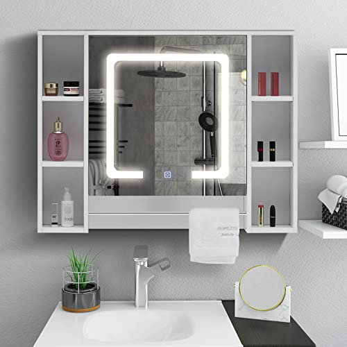 TUKAILAi Armoire de Salle de Bain avec Miroir, Armoire Toilette Miroir avec Eclairage LED et USB Port, de Salle de Bain Rangement avec 1 Porte 8 Etagères Reglables et Porte-Serviettes